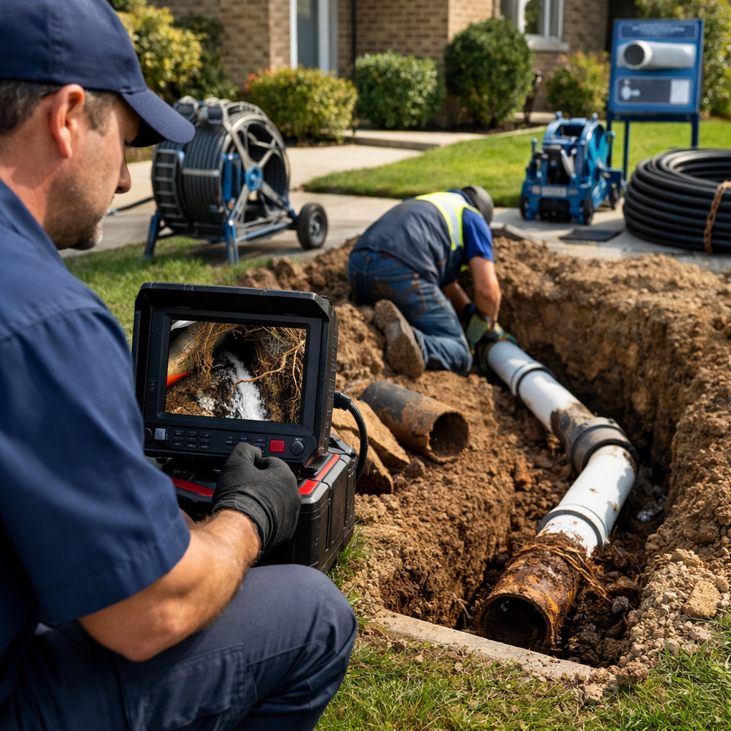 Professional plumber repairing a broken sewer line at a Houston home using camera inspection and pipe replacement methods