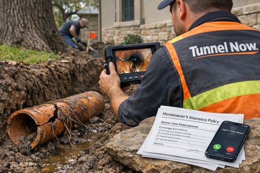 Tunnel Now technician performing a sewer camera inspection on a damaged clay sewer line in a Houston residential trench to determine insurance coverage for sewer line repair.