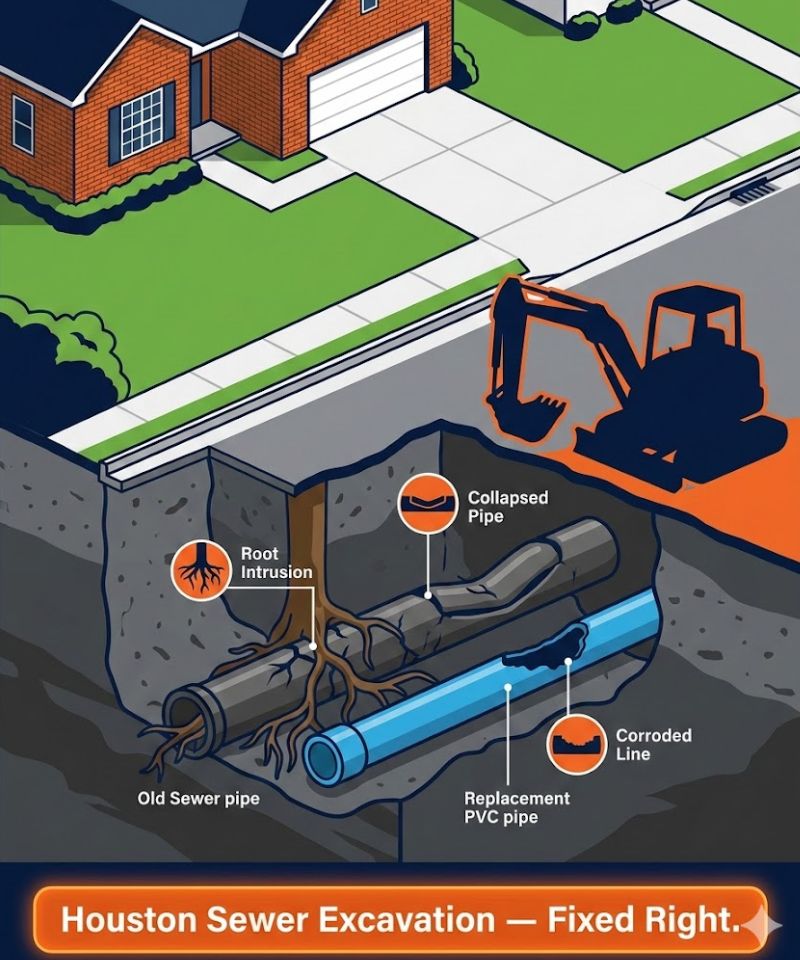Houston sewer excavation cutaway: labeled old root-filled pipe next to new PVC line under suburban house and street.