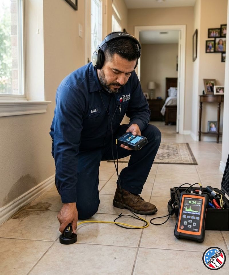 Houston plumber using electronic listening equipment to find a slab leak.