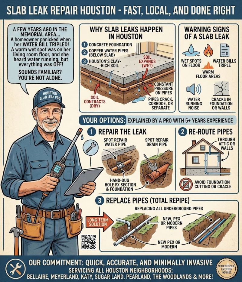 Infographic explaining slab leak repair options in Houston, including causes (soil), warning signs, and solutions: spot repair, re-routing through walls, and total pipe replacement.