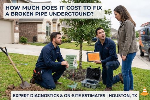 A Tunnel Now technician in Houston, TX, using a digital tablet and leak detection equipment to provide a homeowner with an on-site cost estimate for an underground pipe repair near a residential driveway.