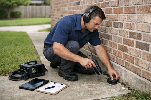 Plumber performing leak detection using acoustic equipment near a concrete slab at a Houston home