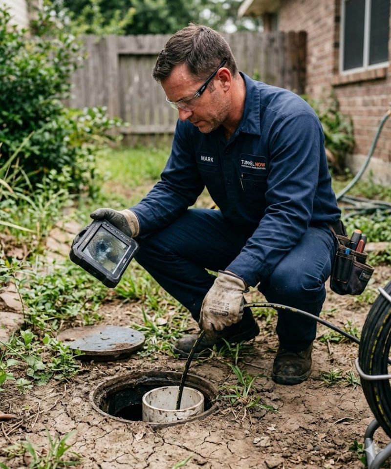 Houston sewer line repair in progress with technicians exposing and fixing a damaged underground sewer pipe at a residential property.