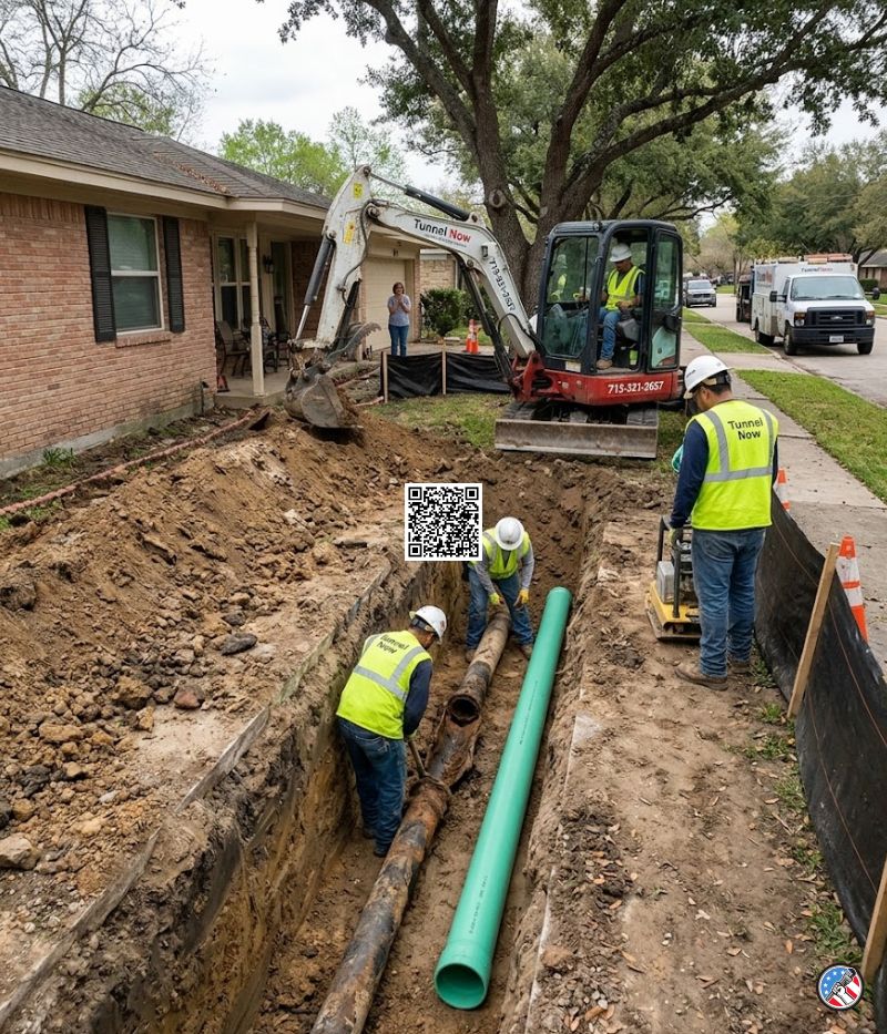 Tunnel Now crew excavating a deep trench in Houston's clay soil to replace a collapsed residential sewer line with new PVC piping.