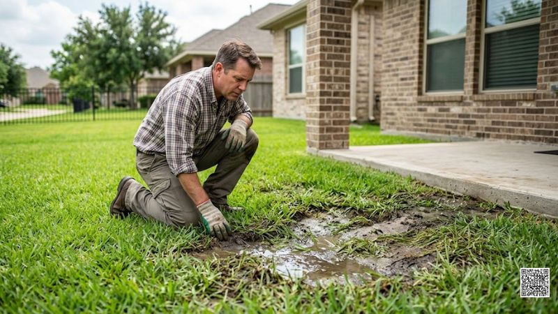 A concerned homeowner inspecting a soggy, water-logged patch of grass in a Houston backyard, illustrating one of the four signs that your sewer line is broken.