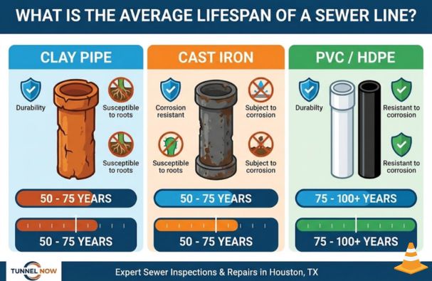 An informational graphic for Tunnel Now comparing the average lifespan of different sewer line materials commonly found in Houston, TX, including clay, cast iron, and PVC pipes.