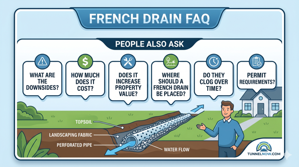 An educational graphic helping homeowners solve drainage issues by combining a cross-section of a drainage system with answers to common FAQs like cost, placement, and property value impact.