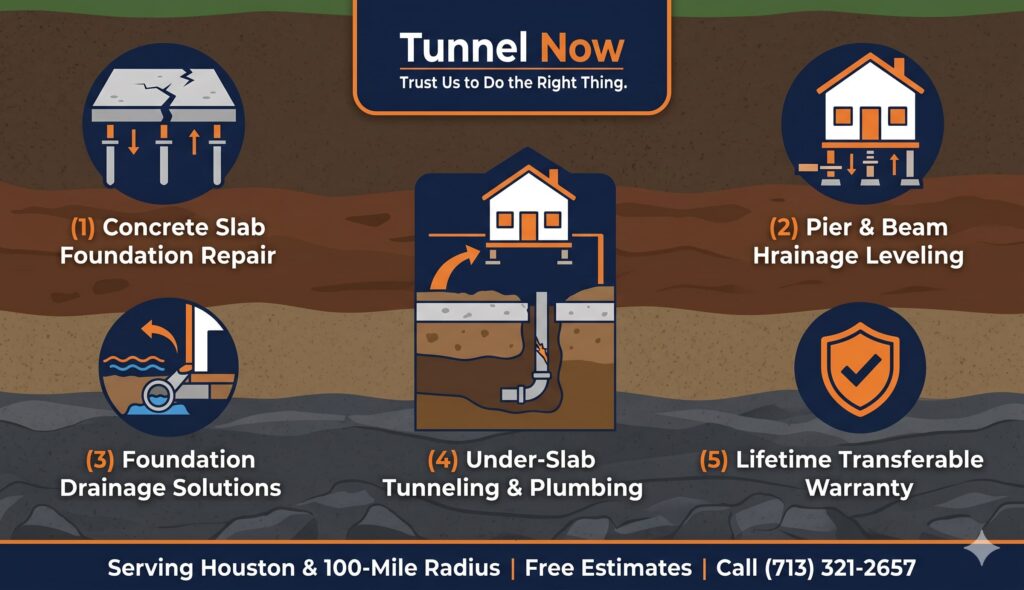 Infographic showing Tunnel Now's foundation repair, leveling, drainage, and plumbing services in Houston.